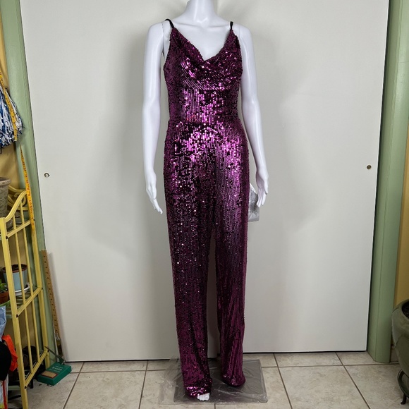 Dress the Population Pink Sequin Pantsuit, S, Spaghetti Strap, Wide‎ leg, NWOT - Picture 6 of 16